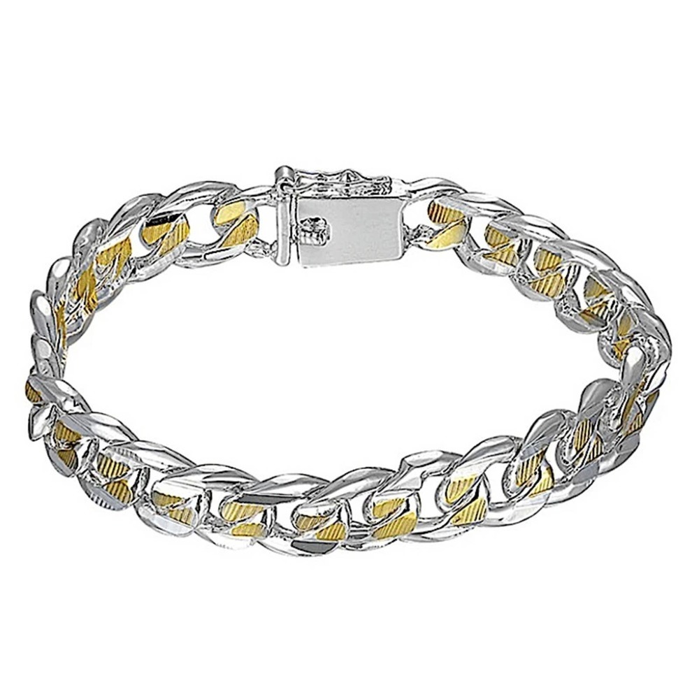 Cuban Chain Link Sterling Silver Gold Silver Unisex Bracelet - Picture 3 of 6